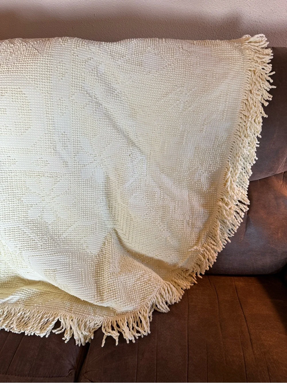 Vintage Cream Woven Fringe Large Blanket